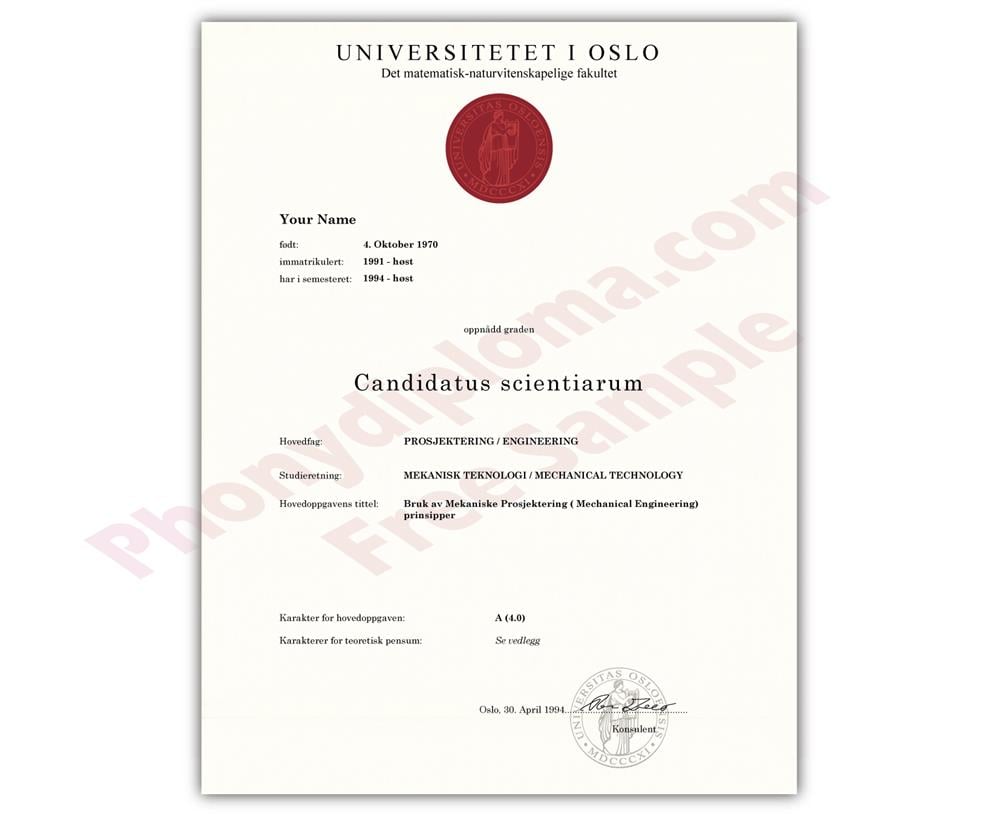 Norway precise match diploma and transcript set sample