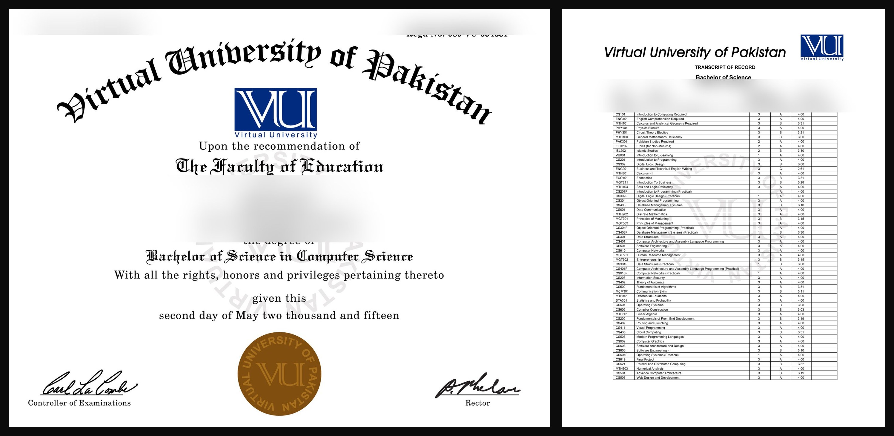 Pakistan college or university diploma and transcript sample