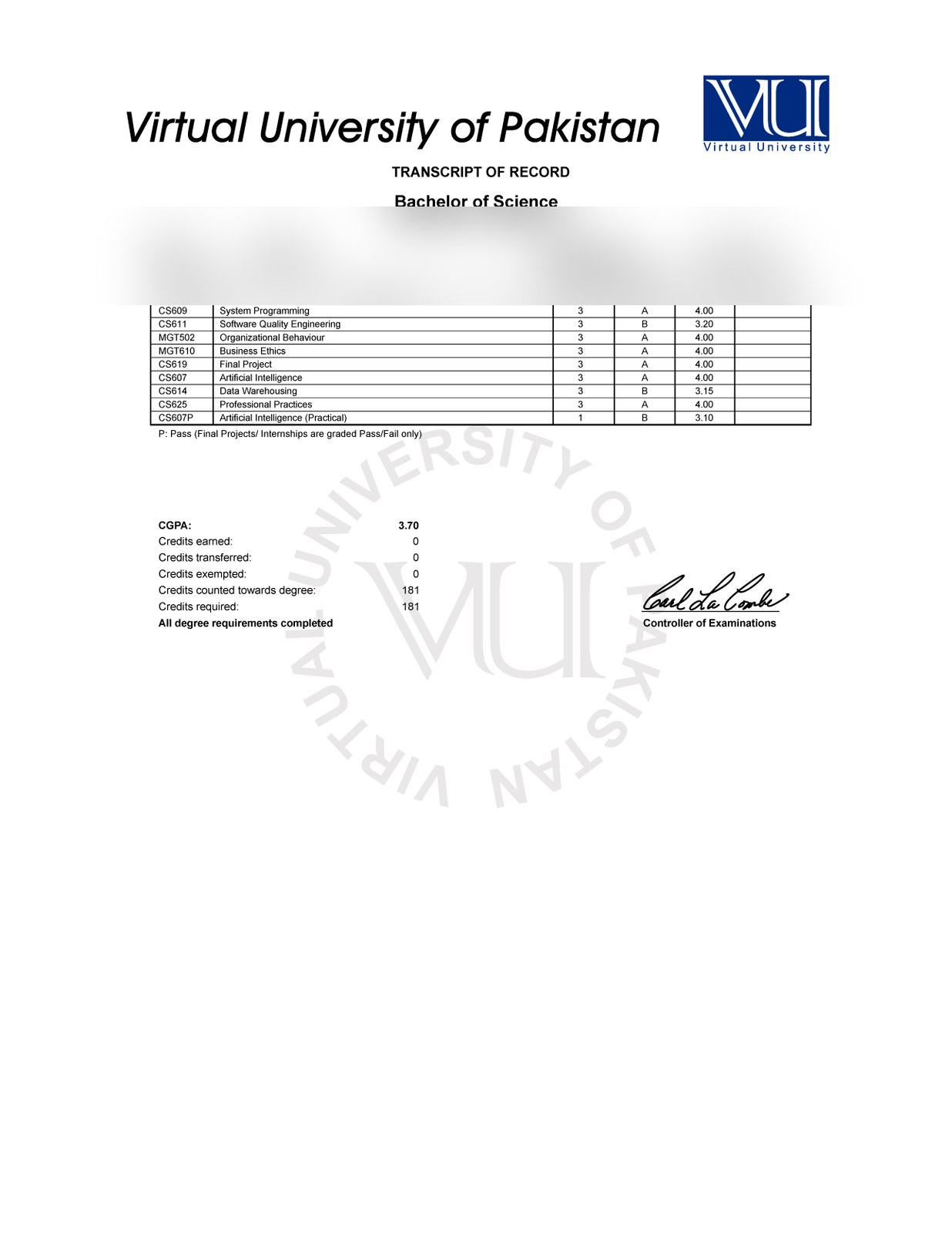 Pakistan college or university transcript page 2 sample