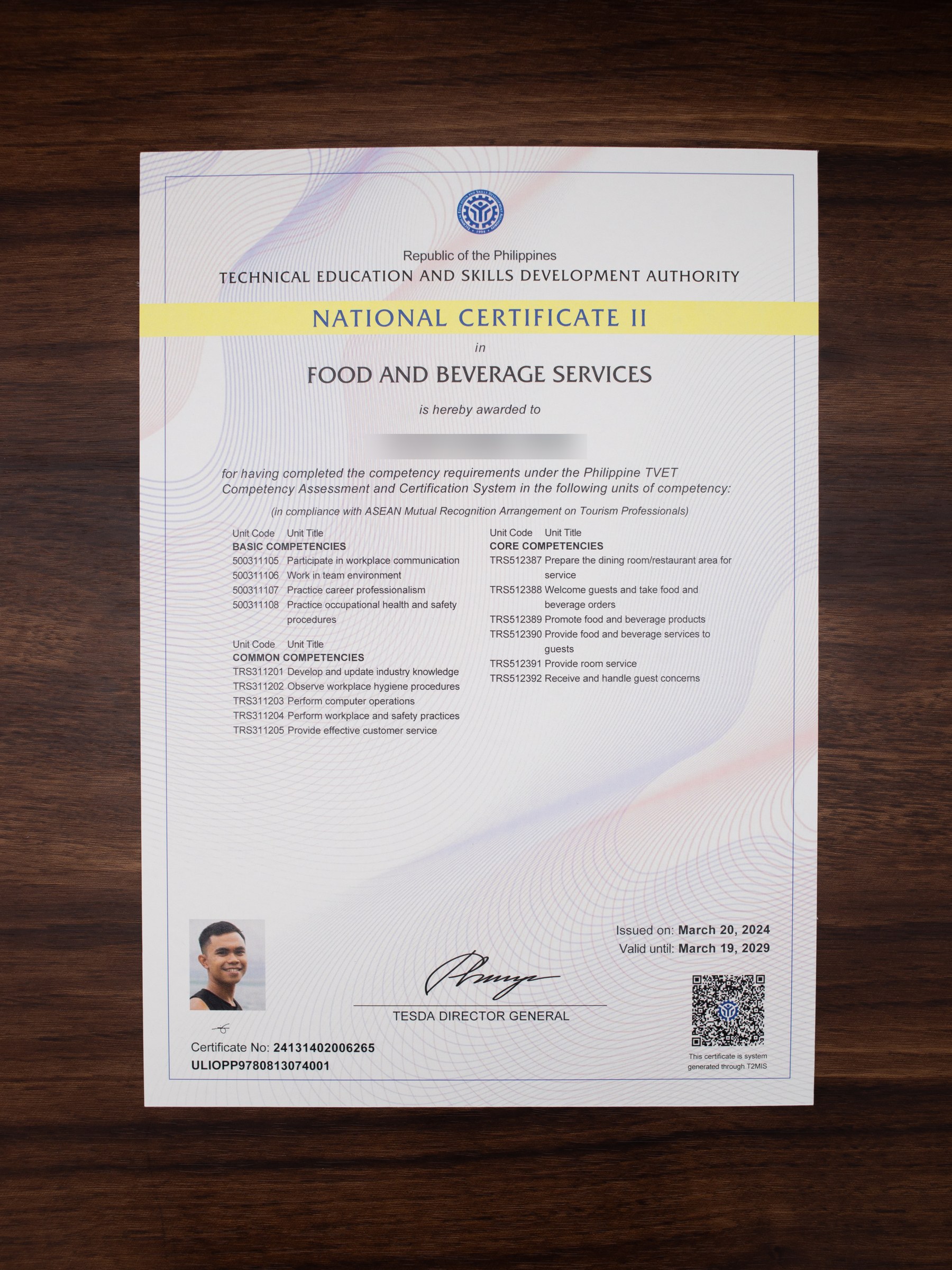 TESDA national certificate sample