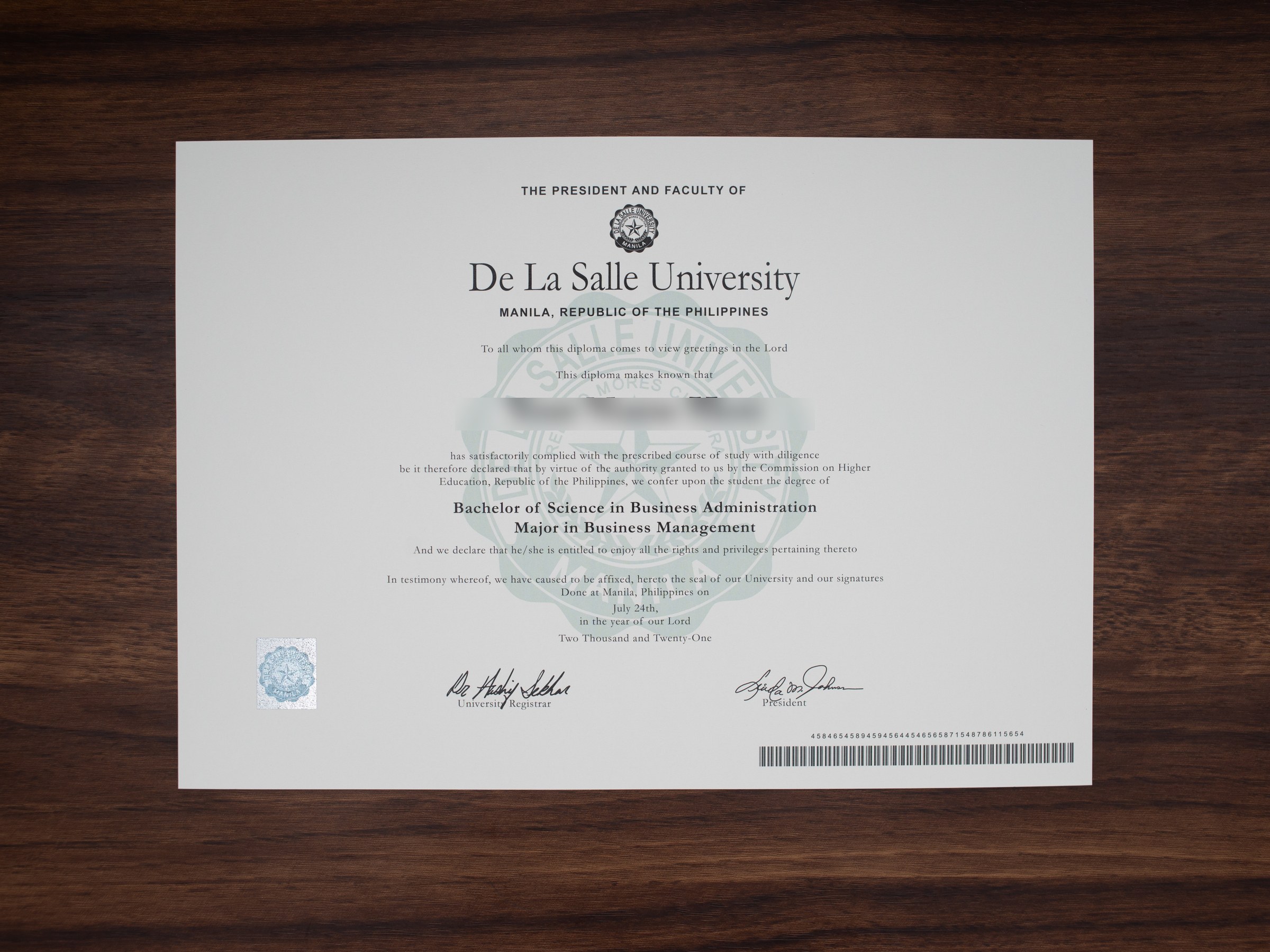 De La Salle University diploma sample