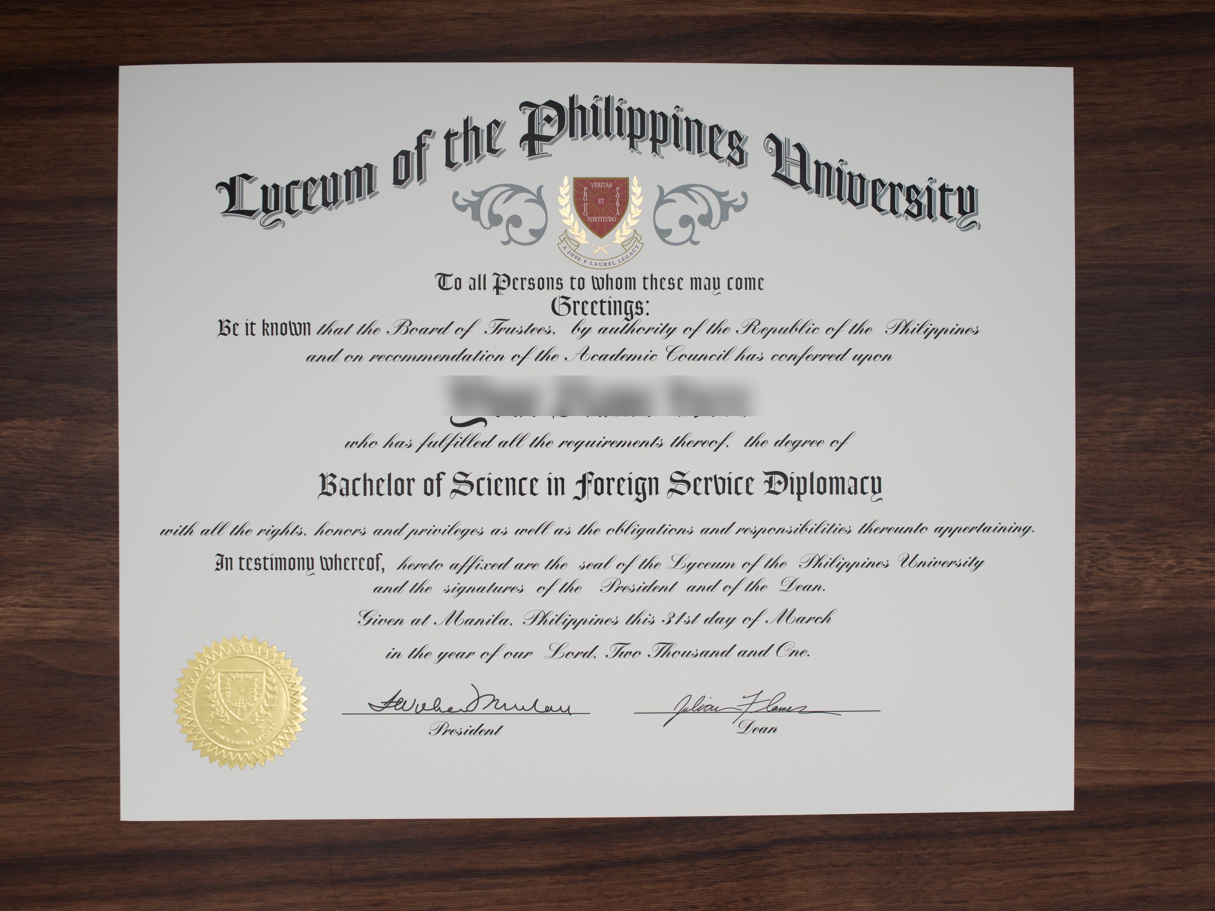 Lyceum of the Philippines University diploma sample