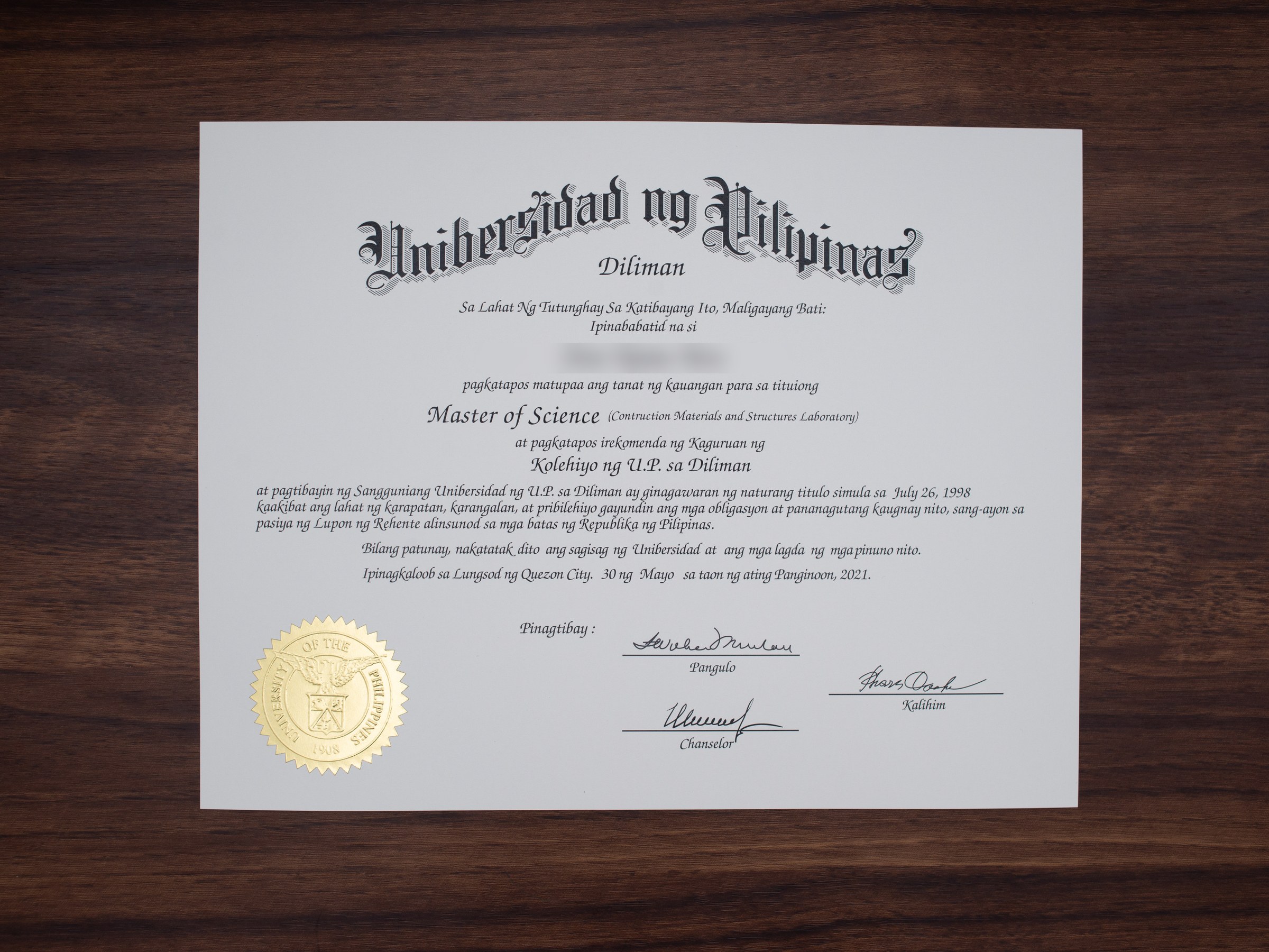 University of the Philippines diploma sample