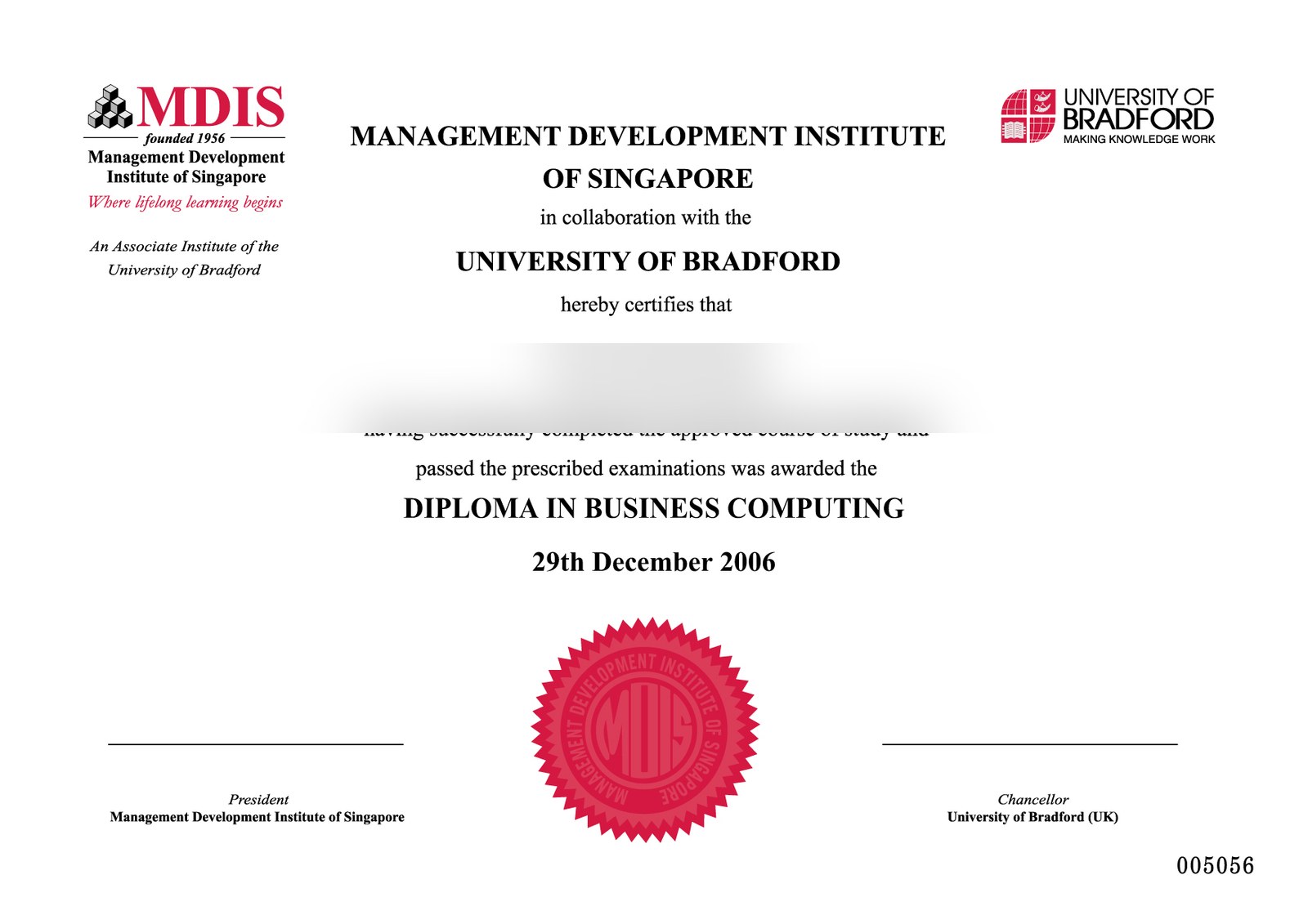 Singapore college or university diploma sample