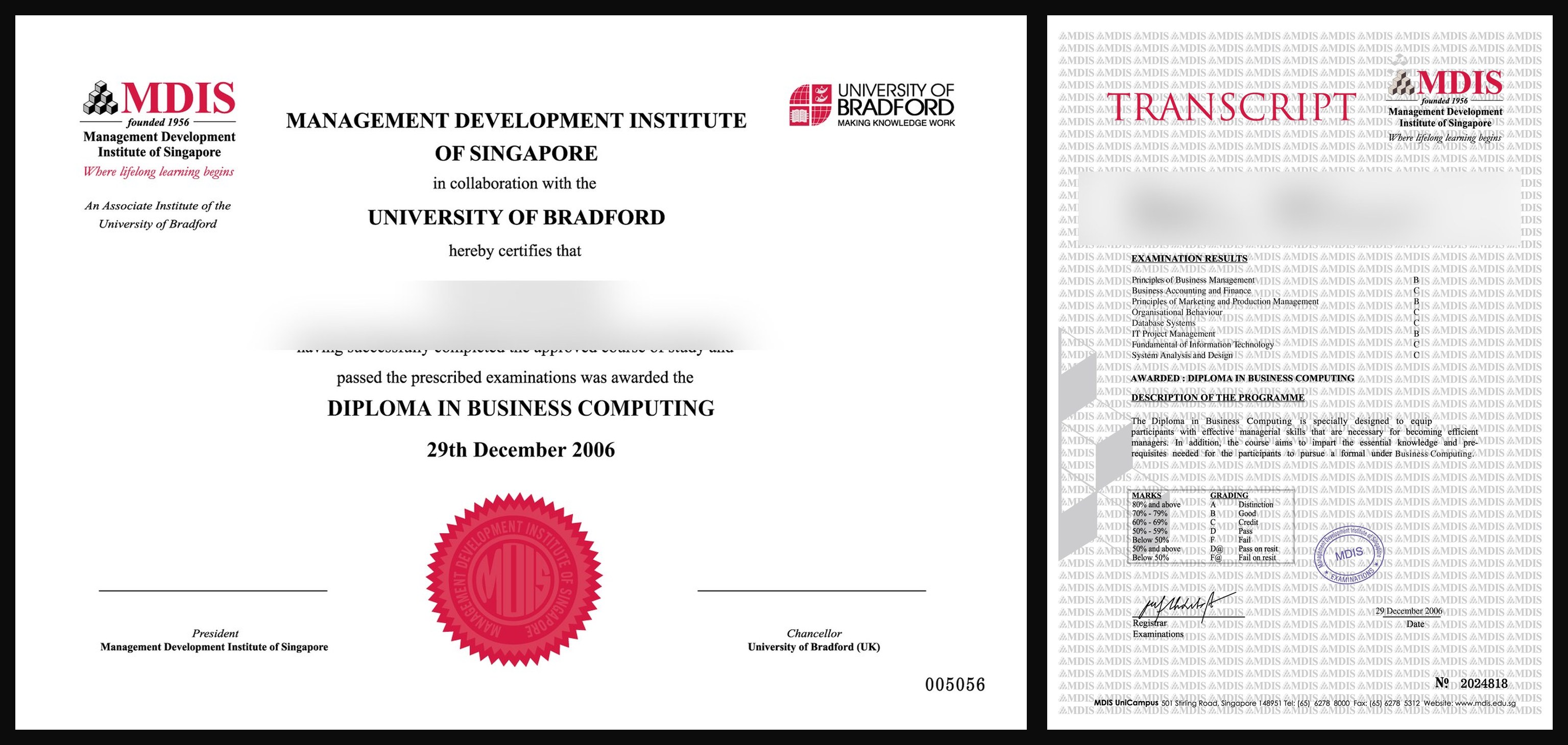 Singapore college or university diploma and transcript sample