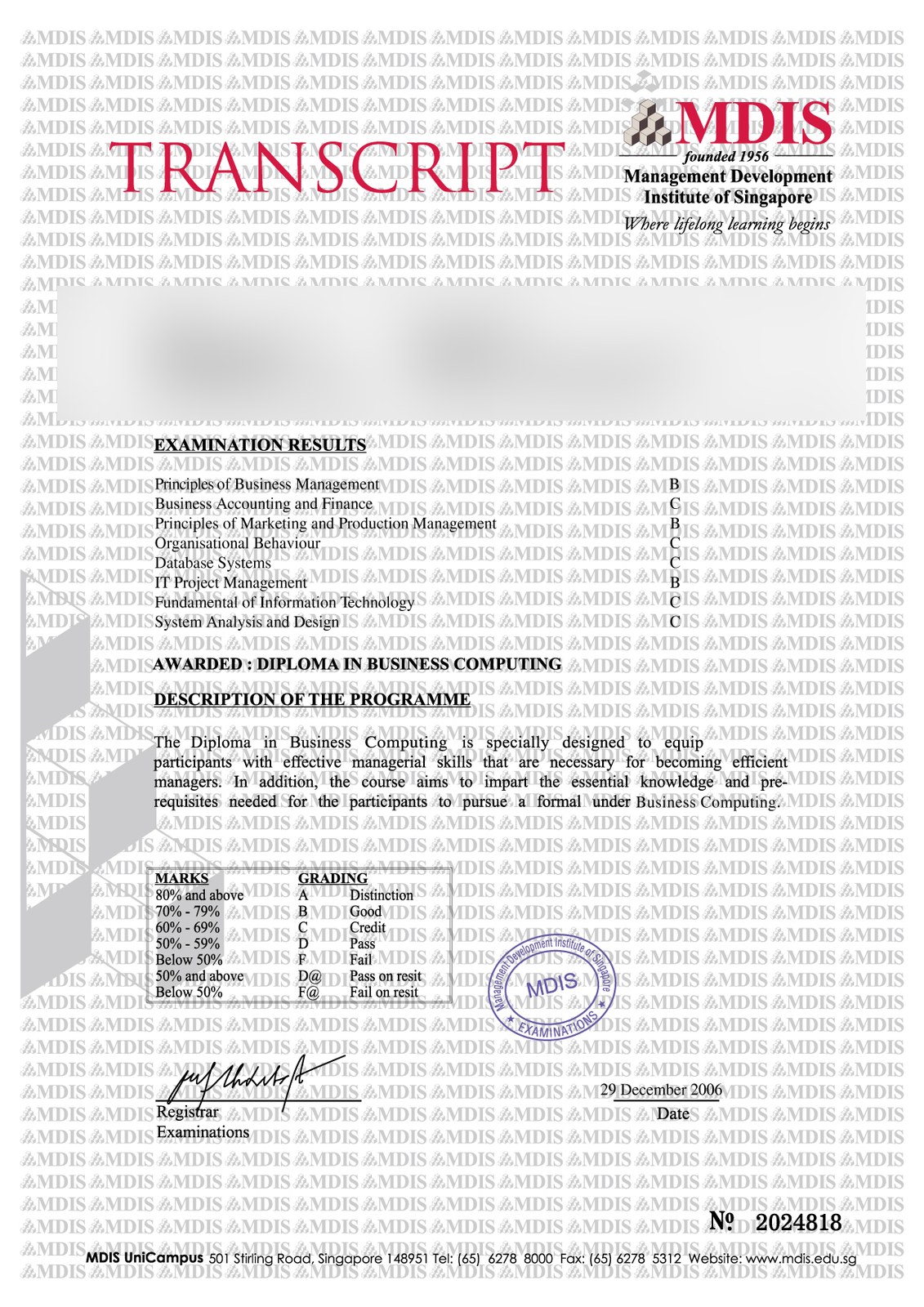 Singapore college or university transcript sample