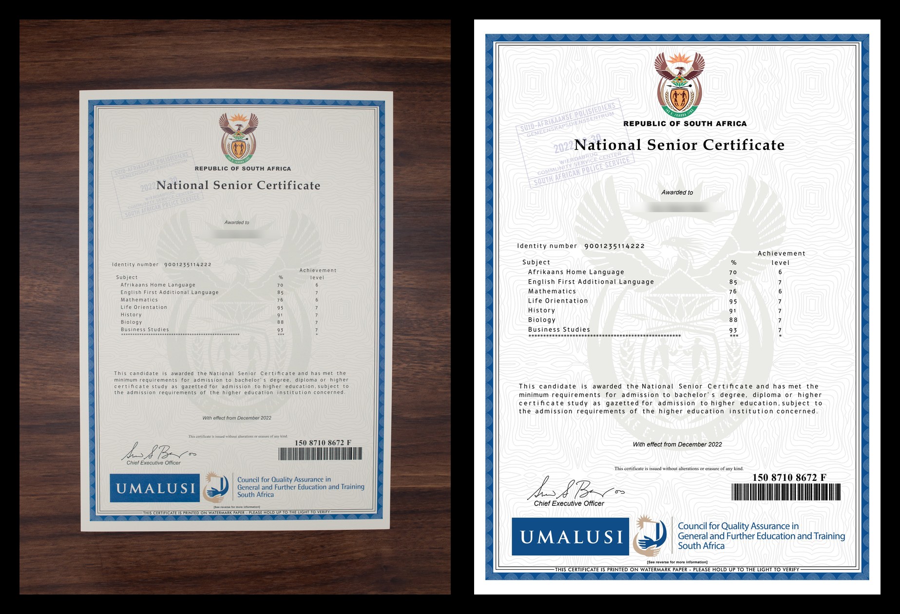 South African National Senior Certificate and statement of results sample