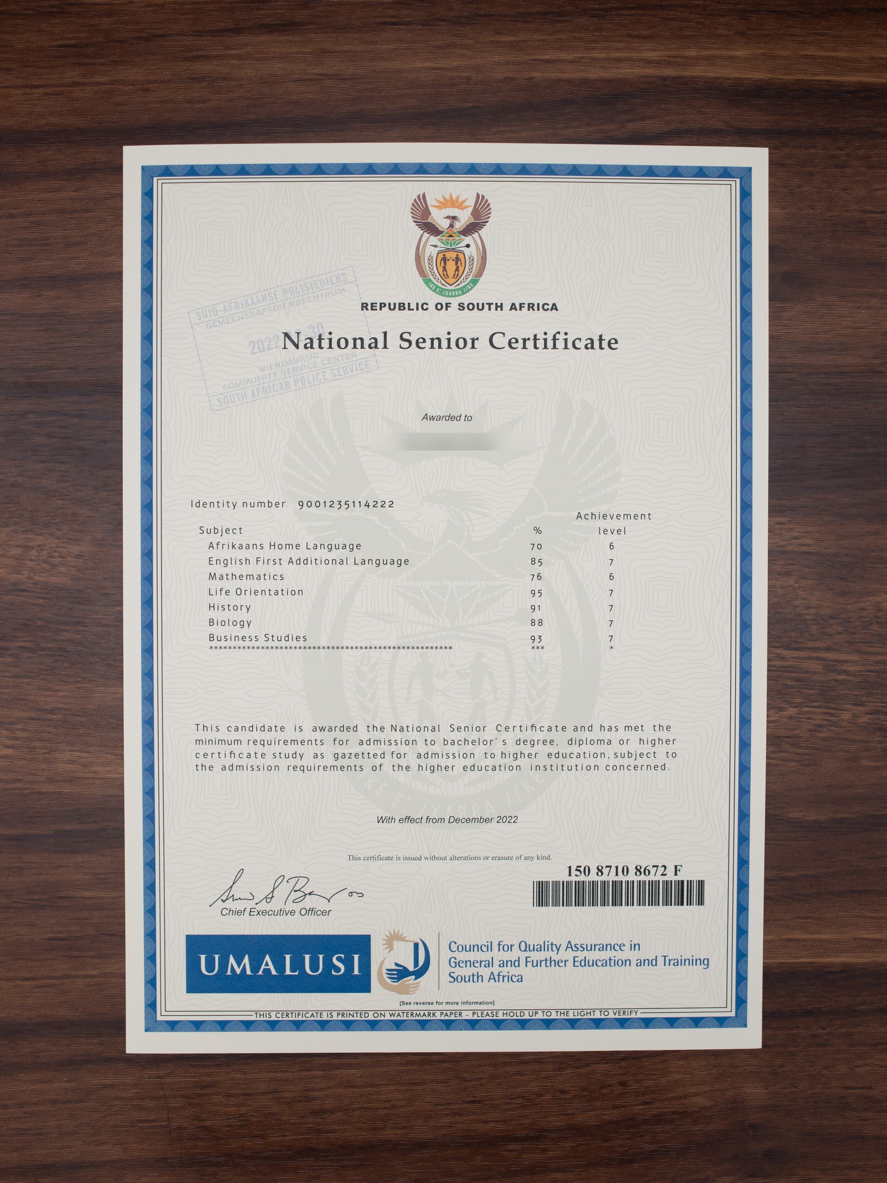 South African National Senior Certificate sample