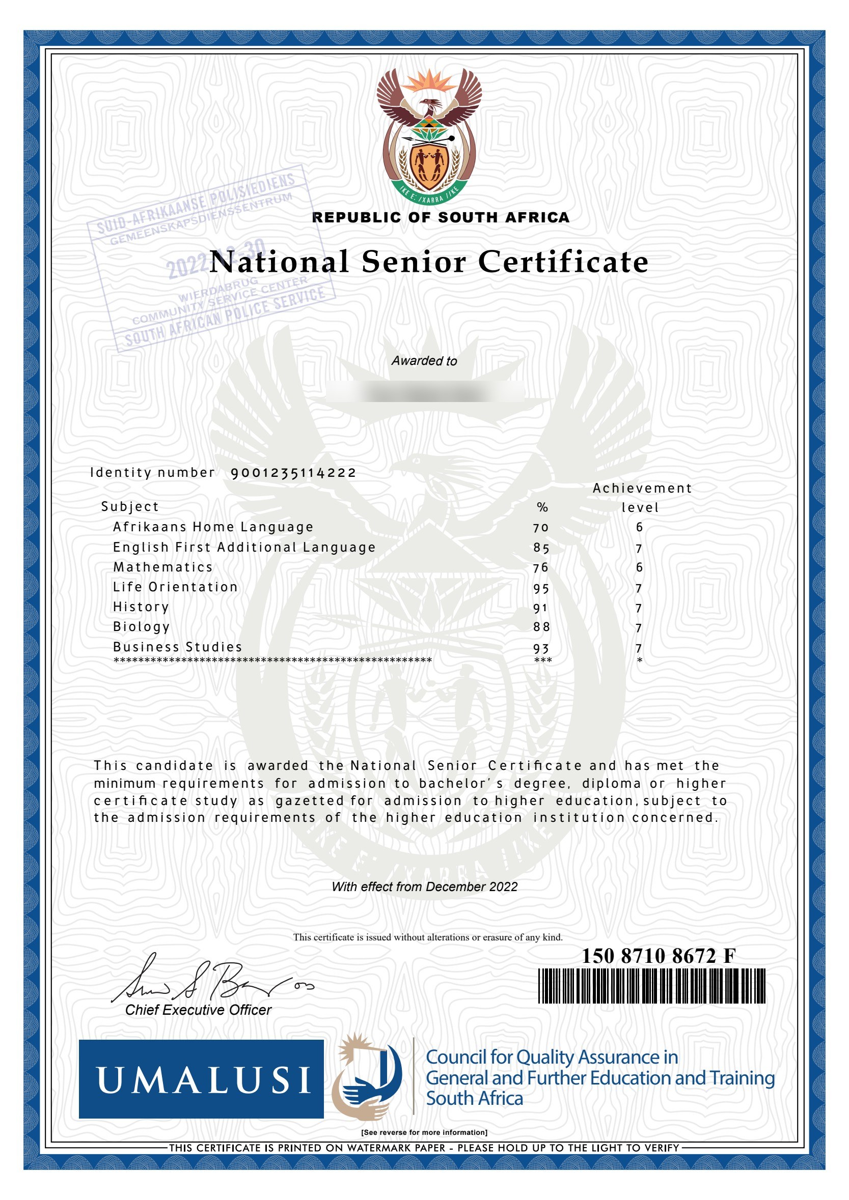 South African statement of results sample