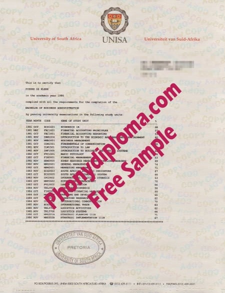 University of South Africa (UNISA) match transcript sample