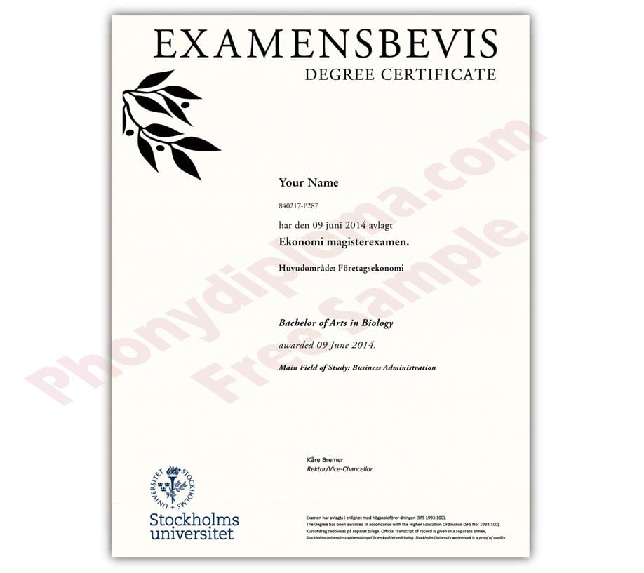 Stockholms universitet examensbevis sample
