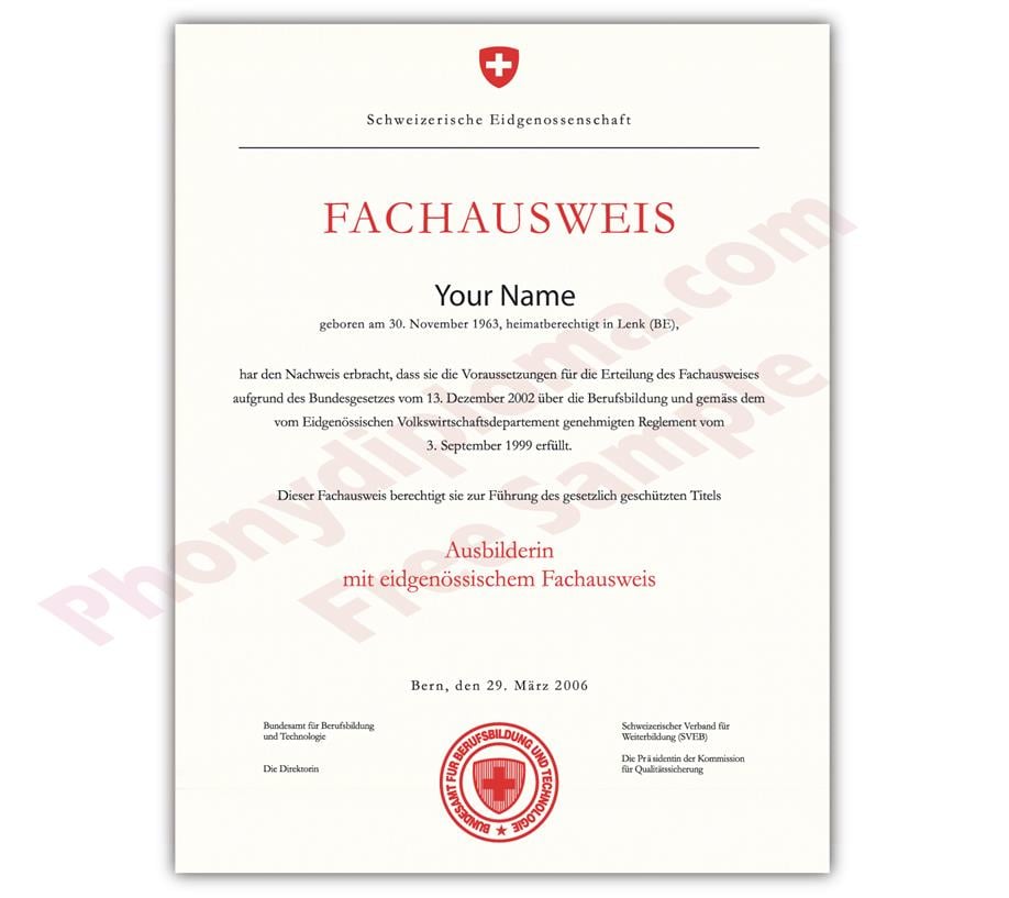 Switzerland precise match diploma and transcript set sample