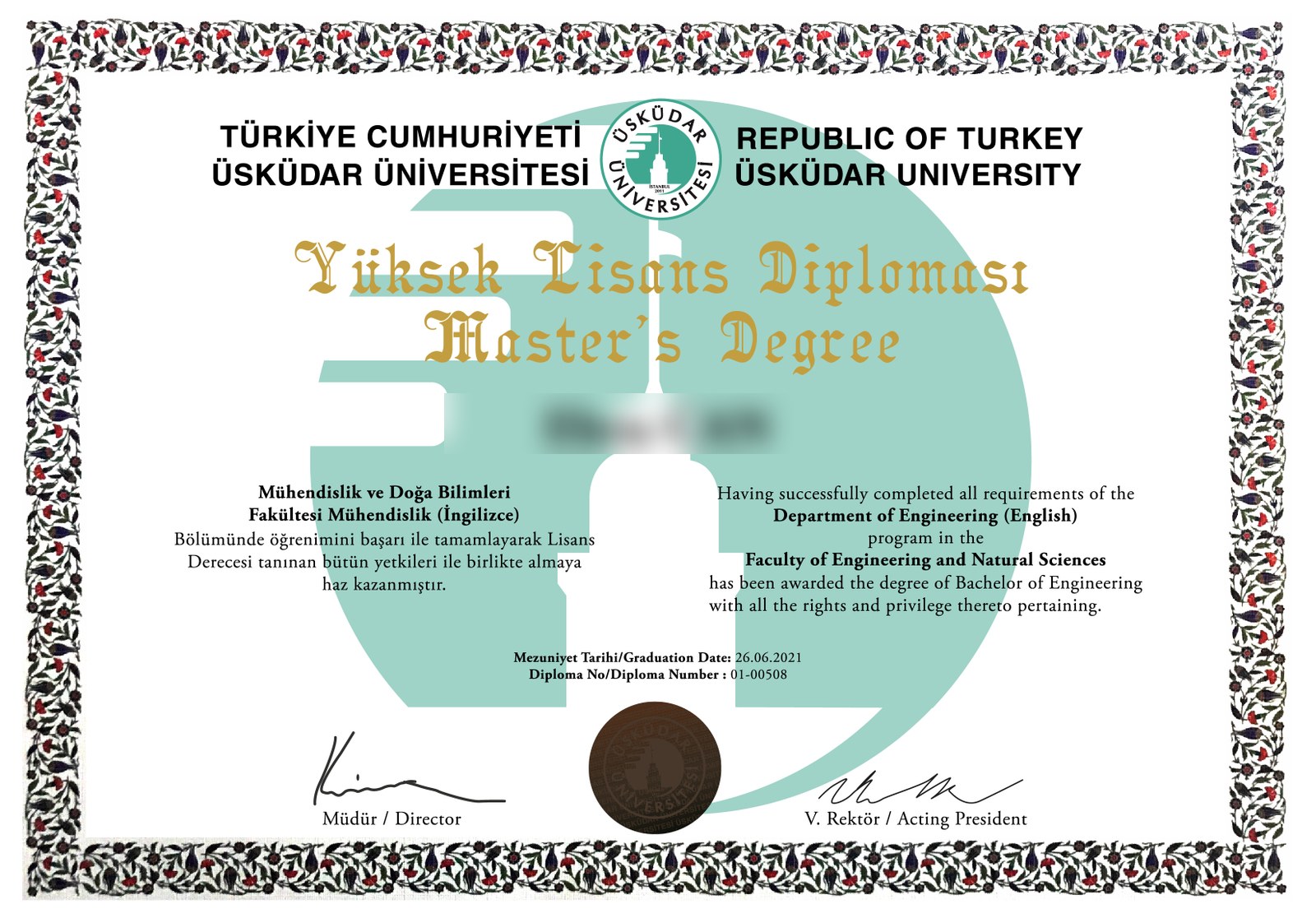 Türk üniversite yüksek lisans diploması örneği