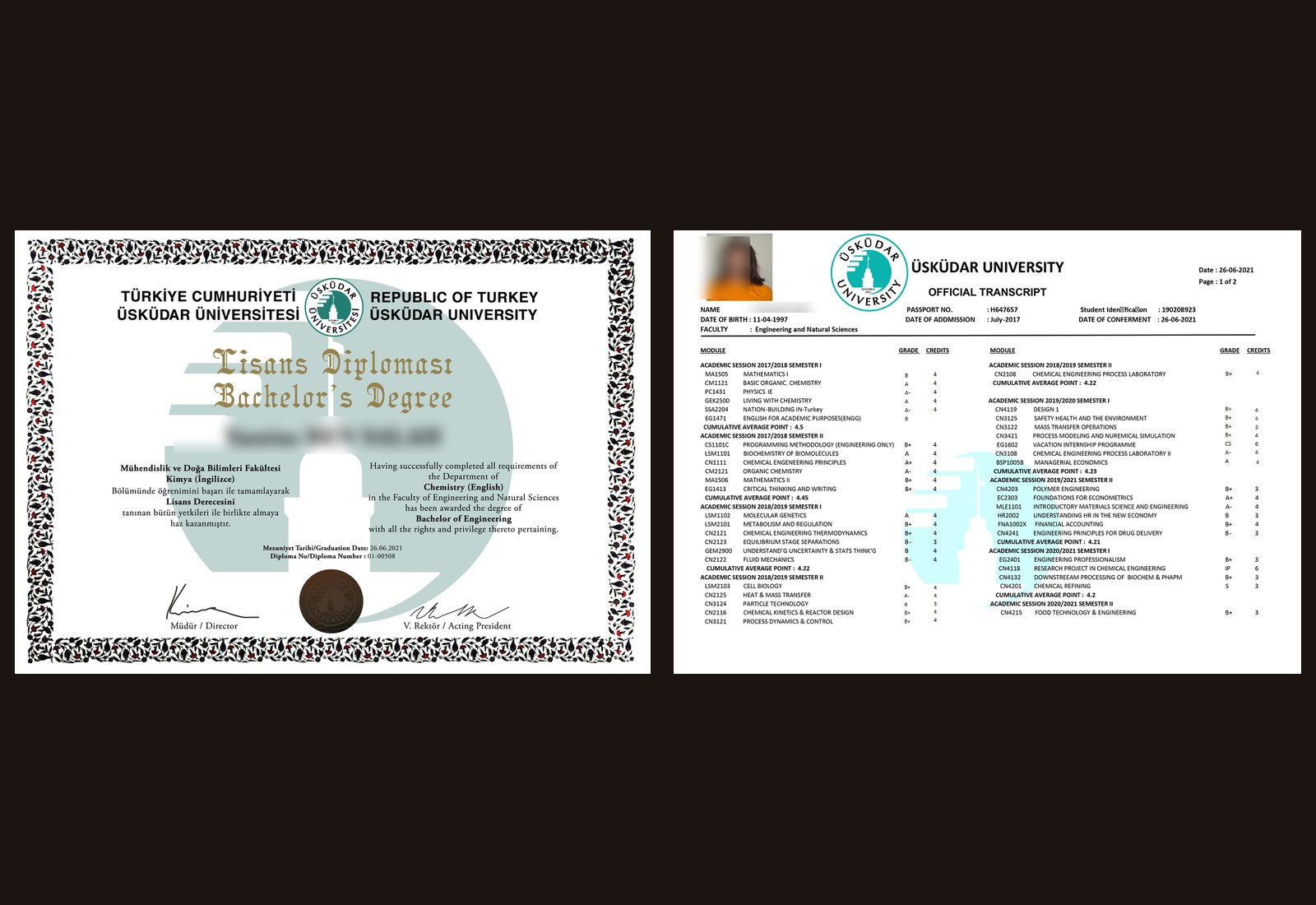 Türk üniversite diploması ve transkript örneği