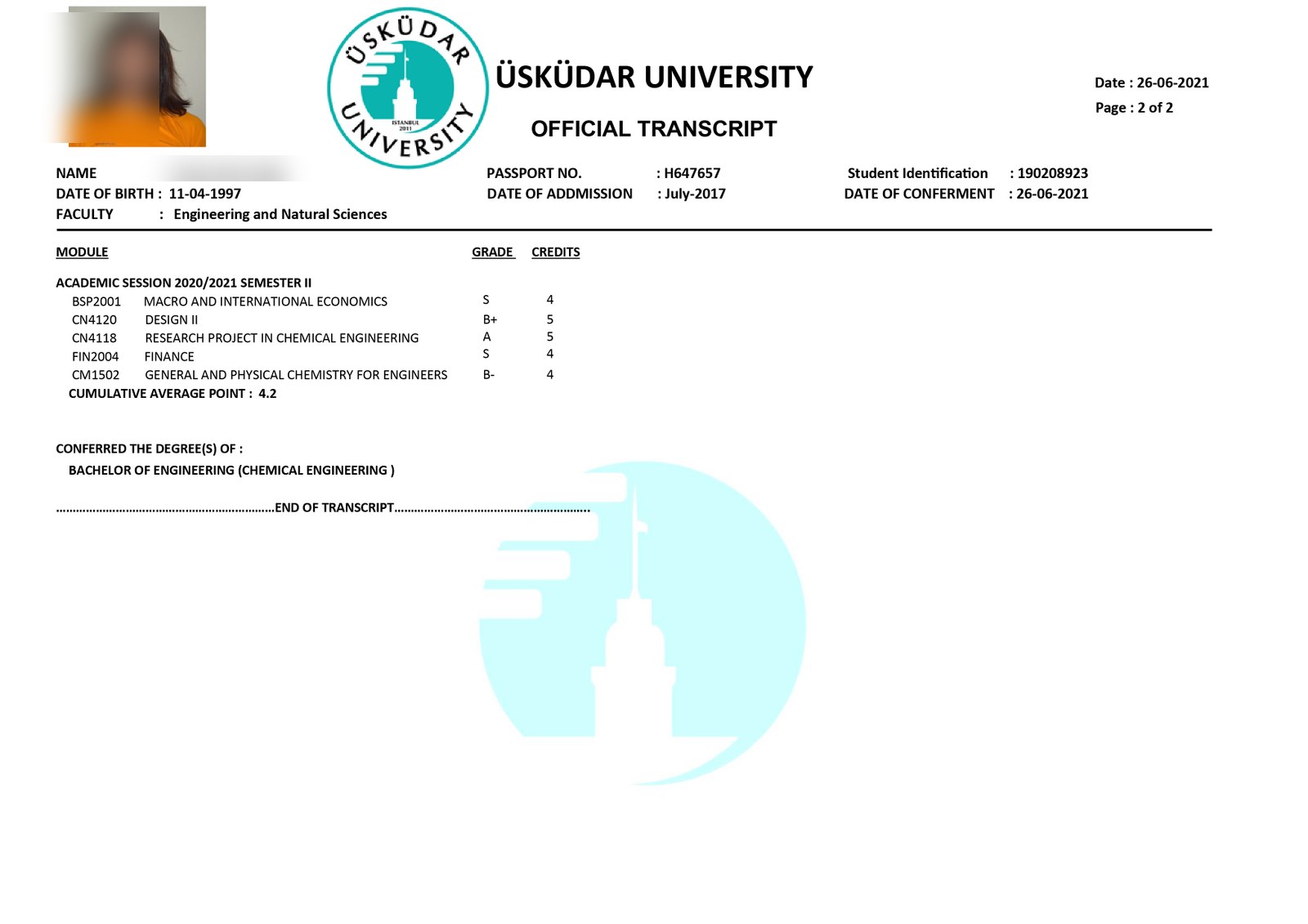 Türk üniversite transkripti 2. sayfa örneği