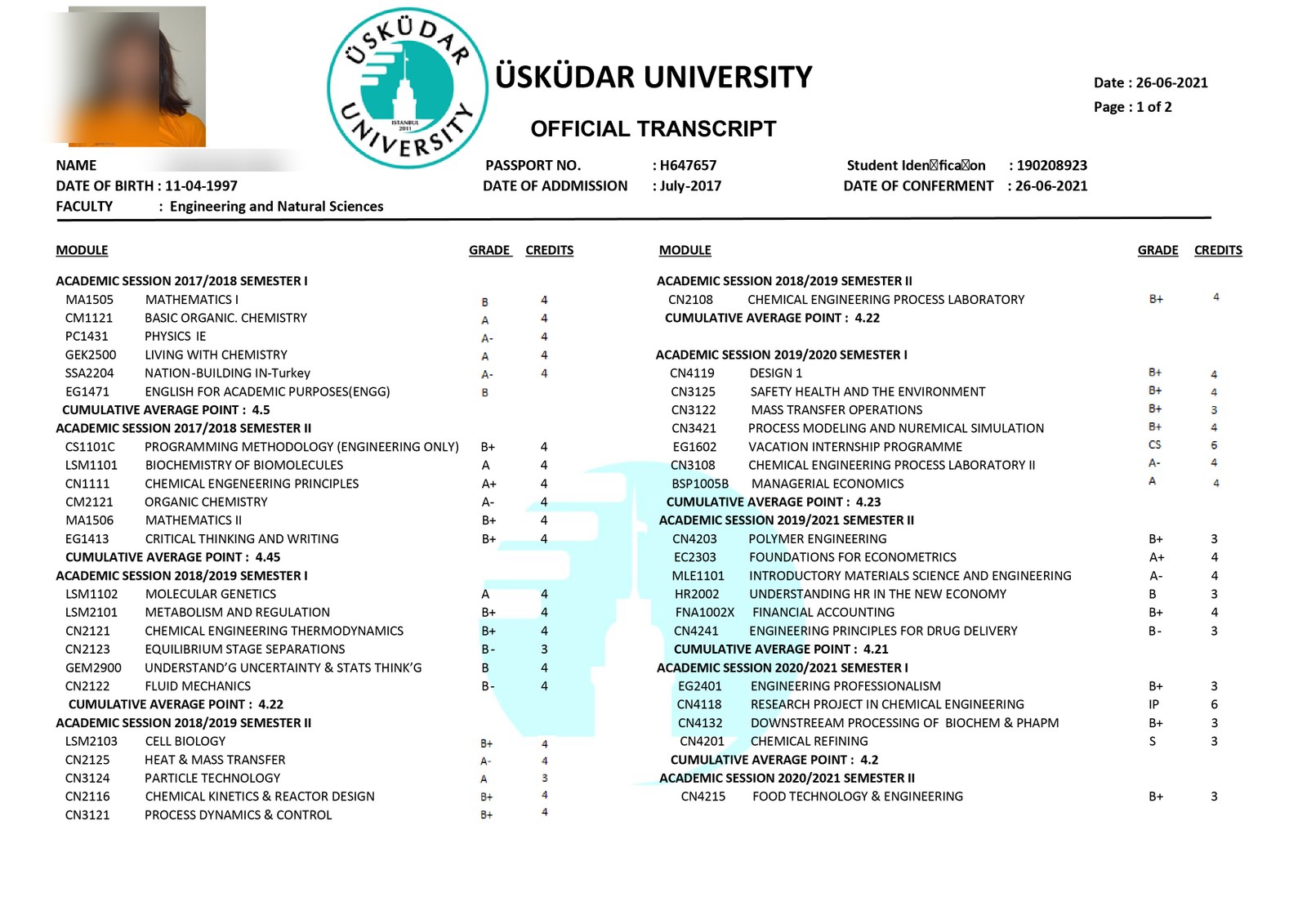 Türk üniversite transkripti örneği