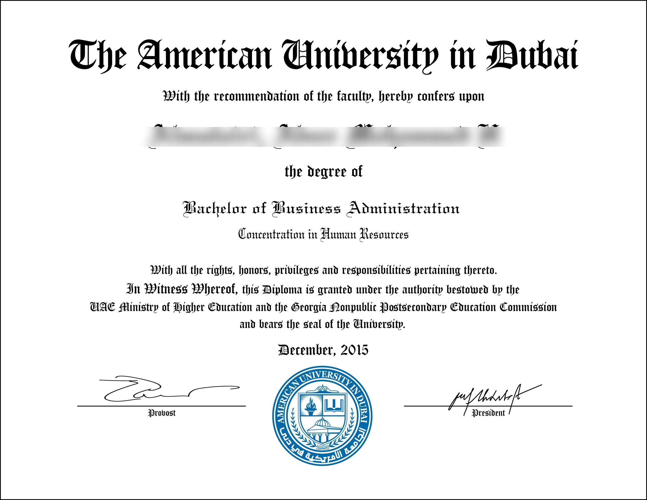American University in Dubai diploma sample