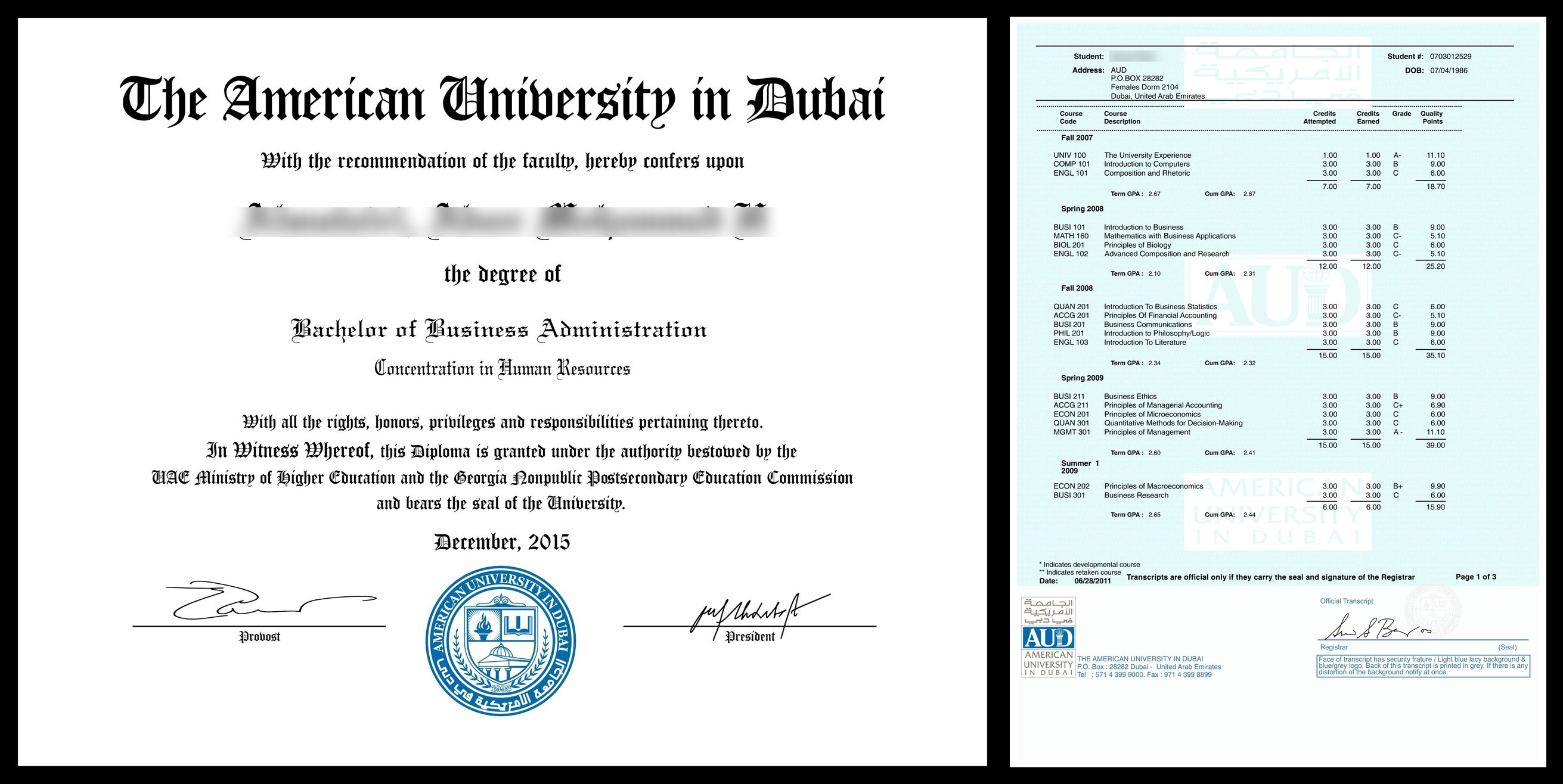 American University in Dubai diploma and transcript sample