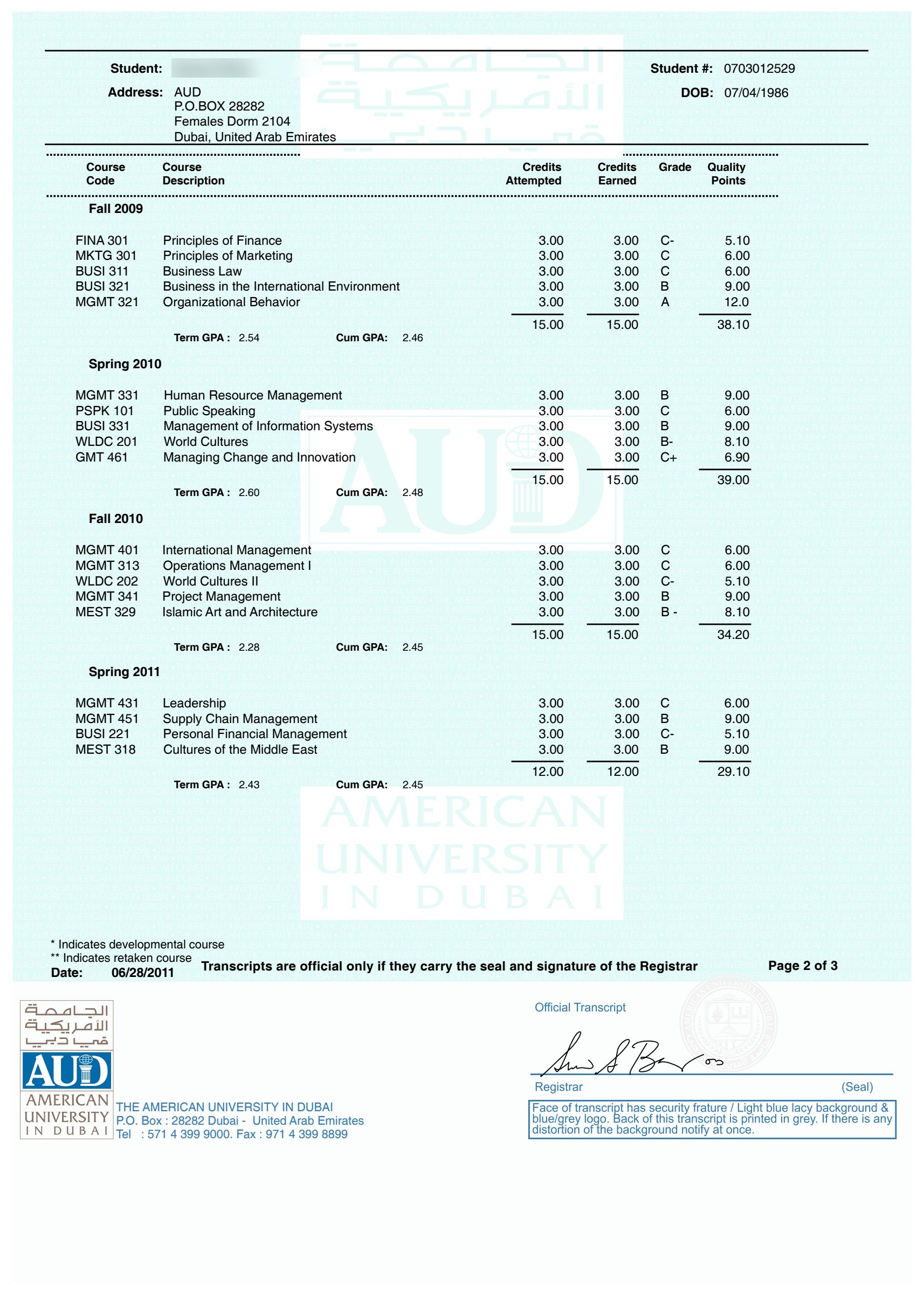 American University in Dubai transcript page 2 sample
