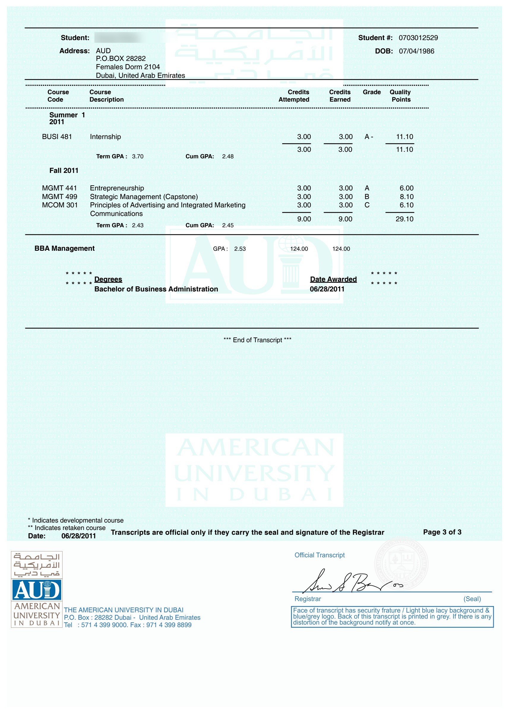 American University in Dubai transcript page 3 sample