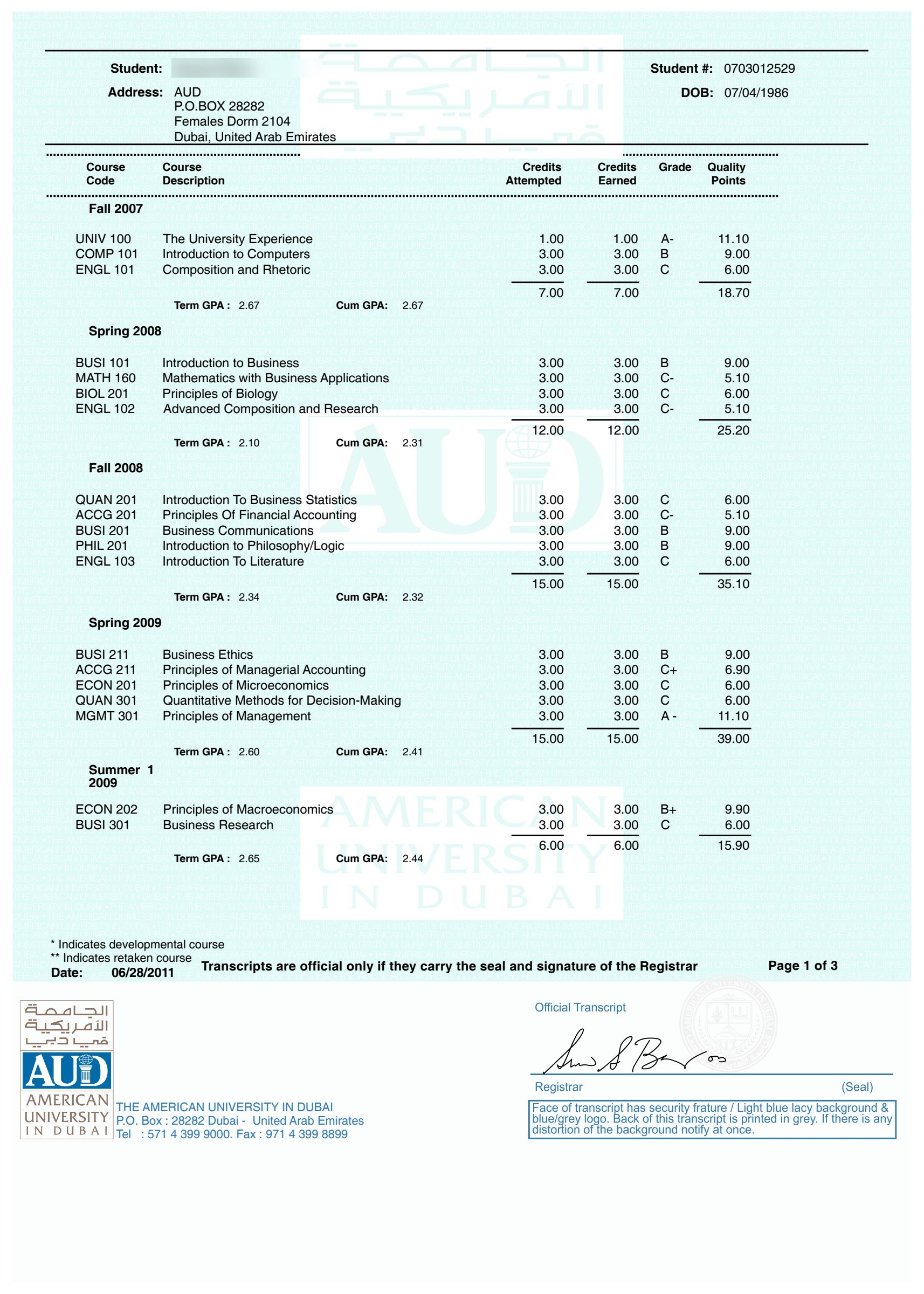 American University in Dubai transcript sample