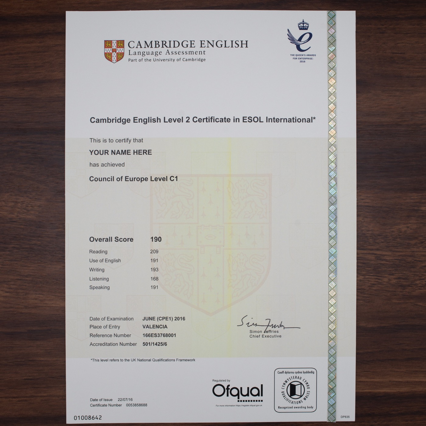 United Kingdom training certificate sample