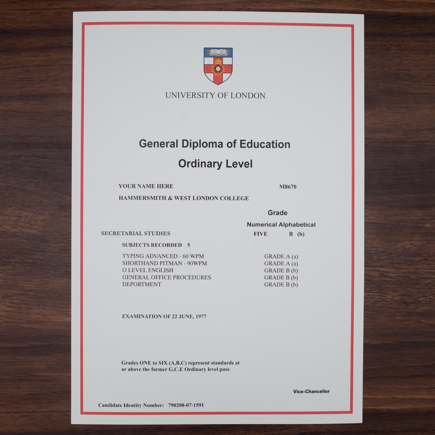 Cambridge O Level certificate sample