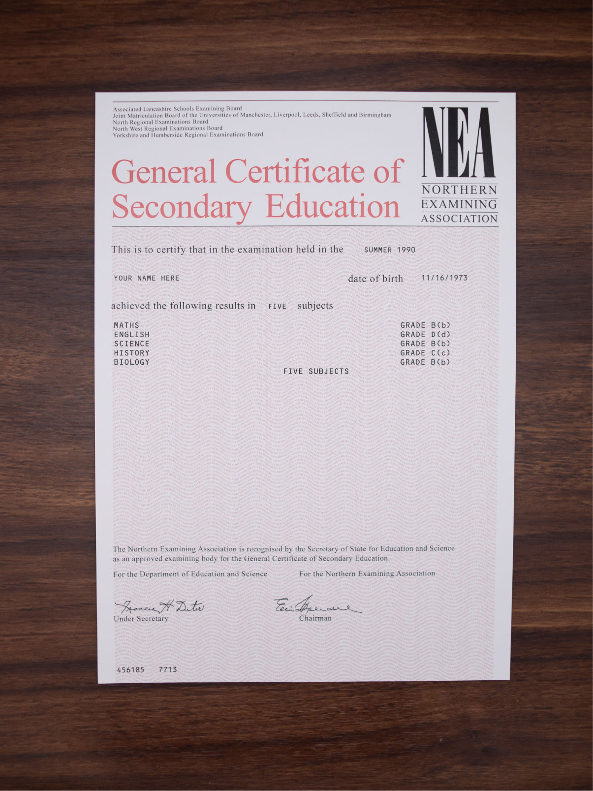 Northern Ireland GCSE certificate sample