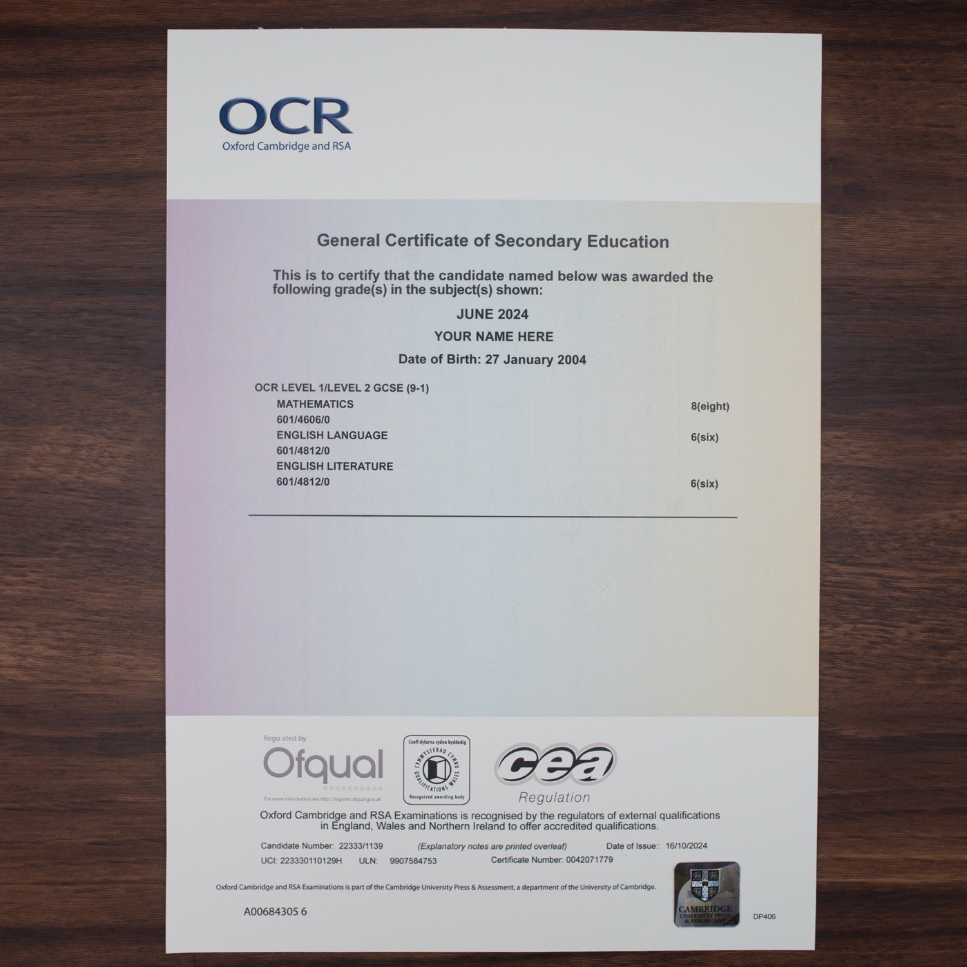 OCR GCSE certificate sample