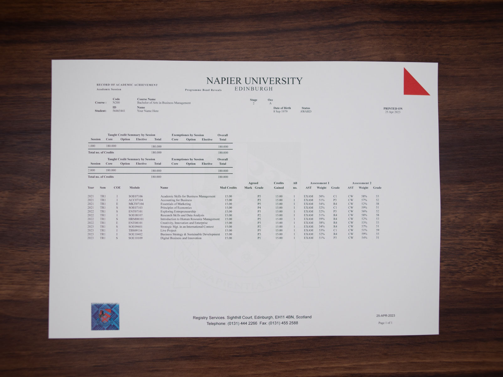 Edinburgh Napier University sample