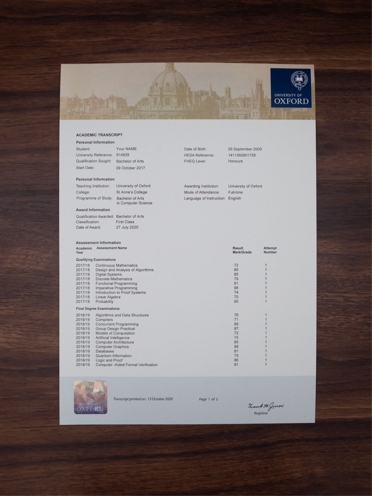 United Kingdom university transcript sample
