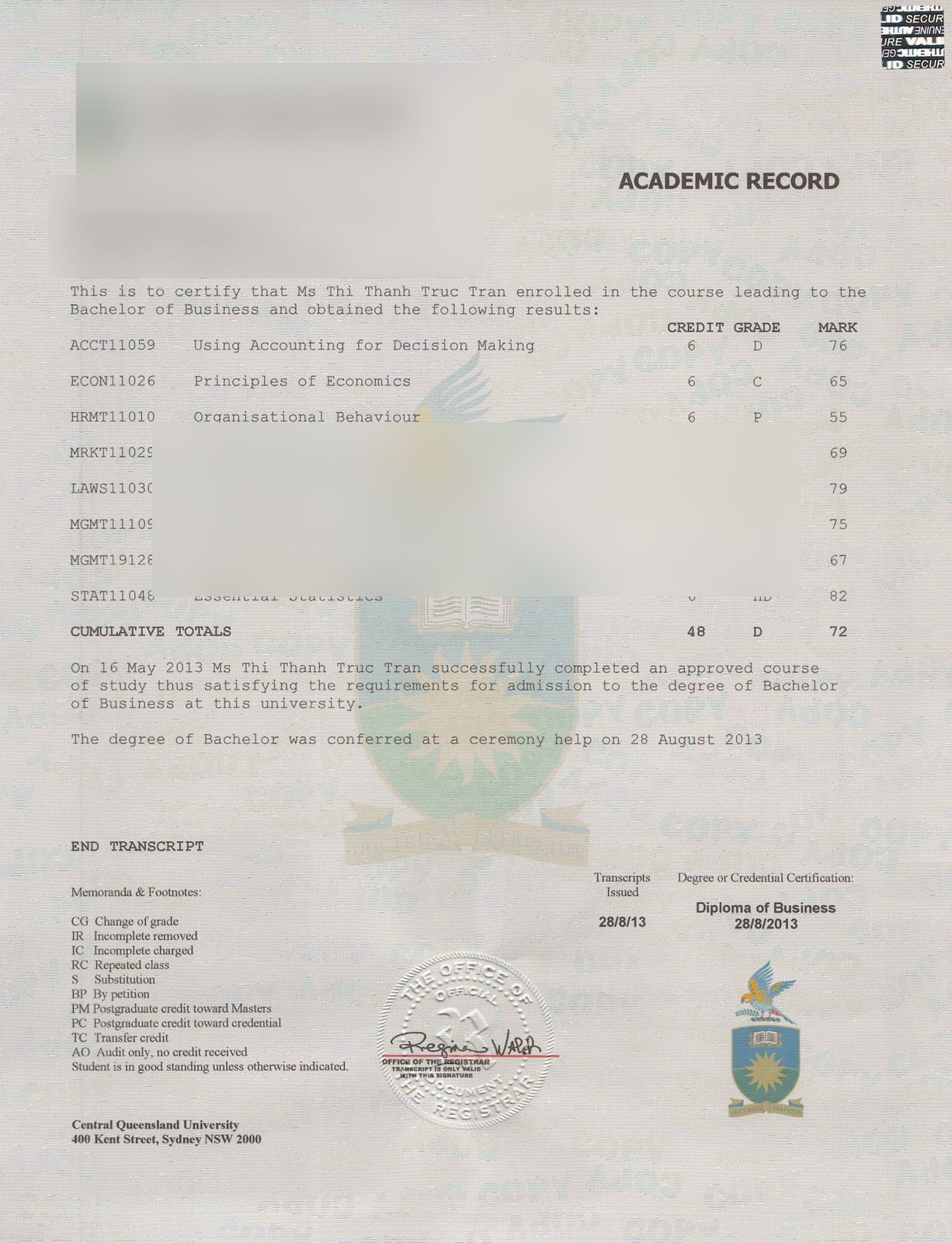 Central Queensland University Transcripts Scan · Australia