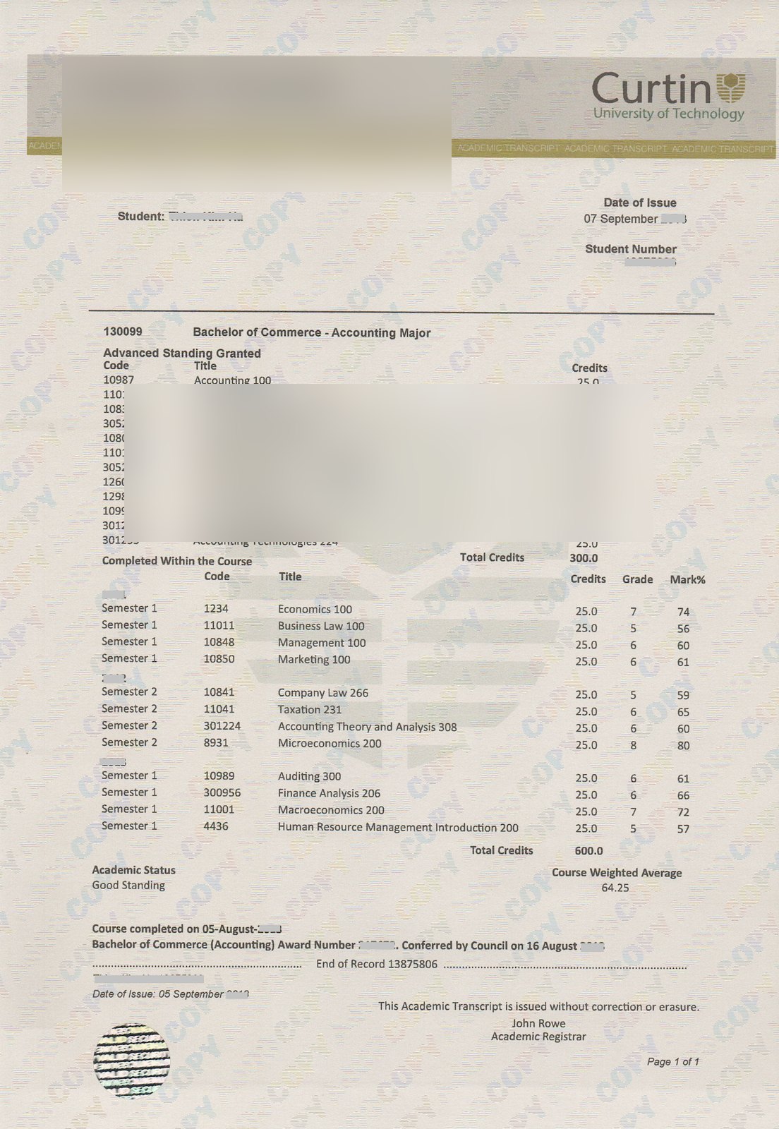 Curtin University Diploma Transcripts · Australia