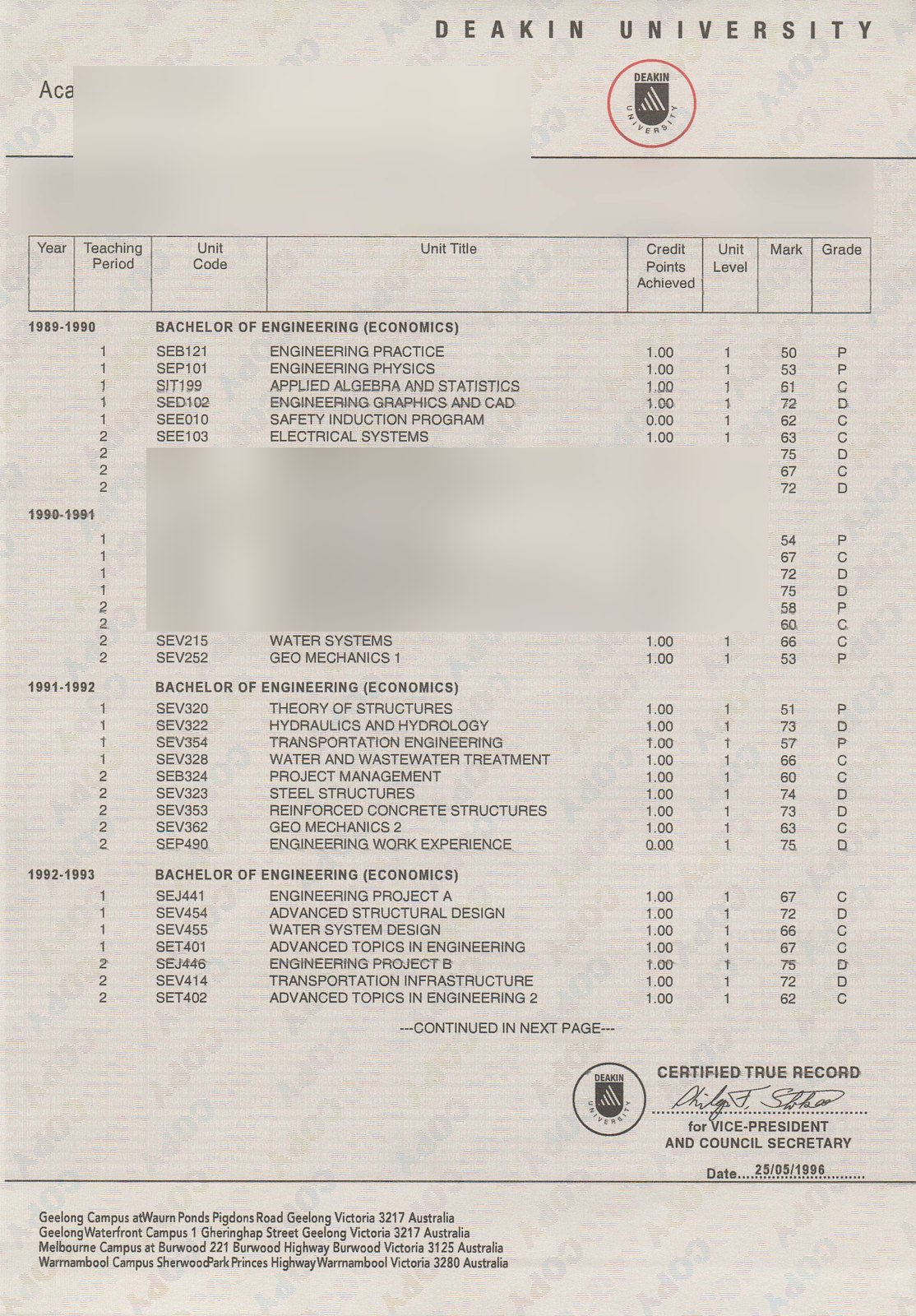 Deakin University Transcript Scan · Australia