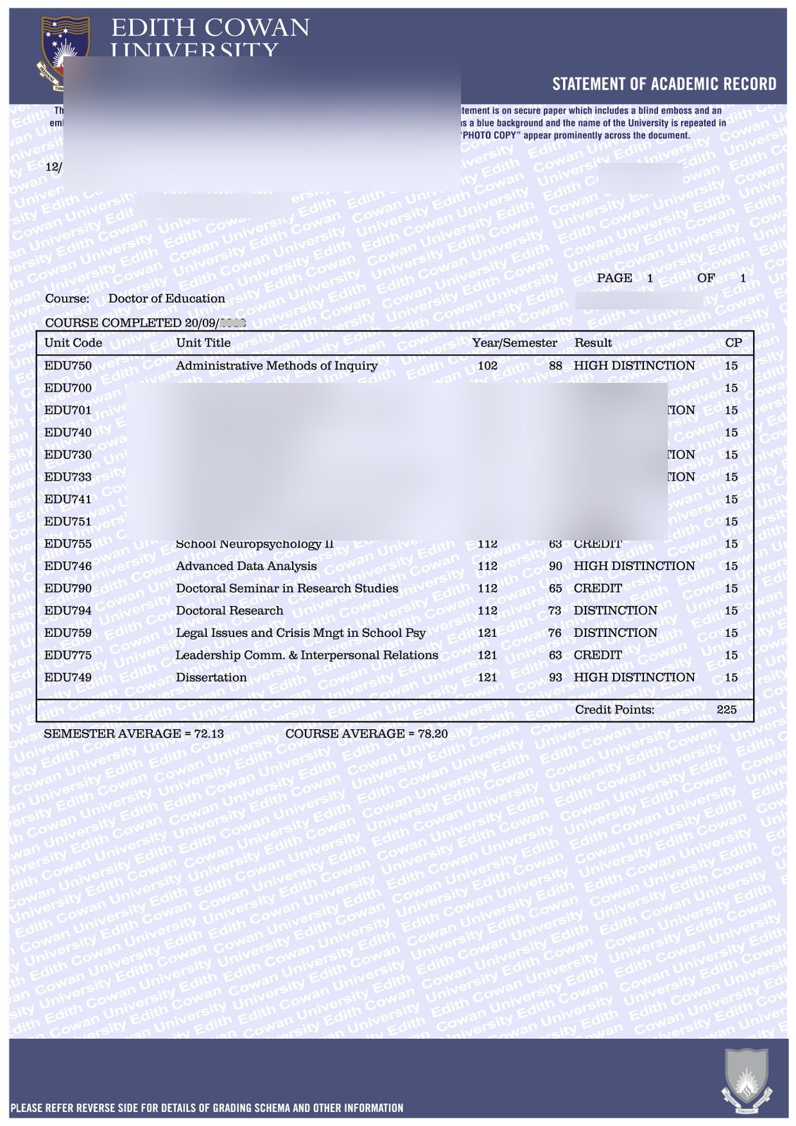 Edith Cowan University Transcript · Australia