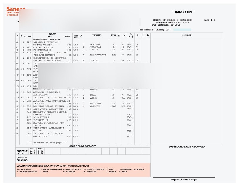 Seneca College Transcript · Canada