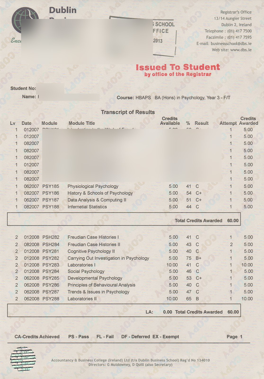 Ireland Dublin Business School Transcript Scan · Ireland