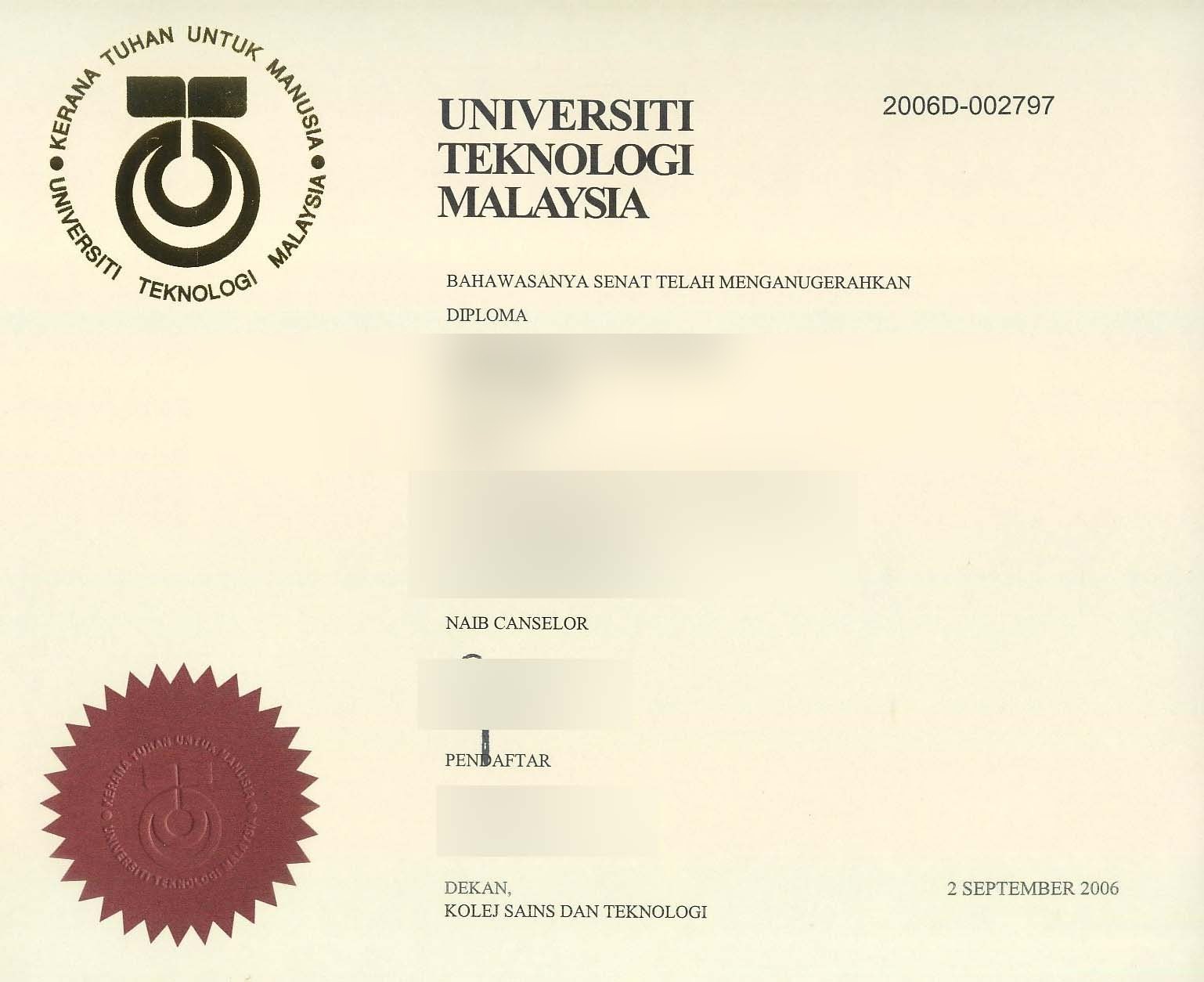 Malaysia RD Universiti Teknologi Malaysia Diploma · Malaysia