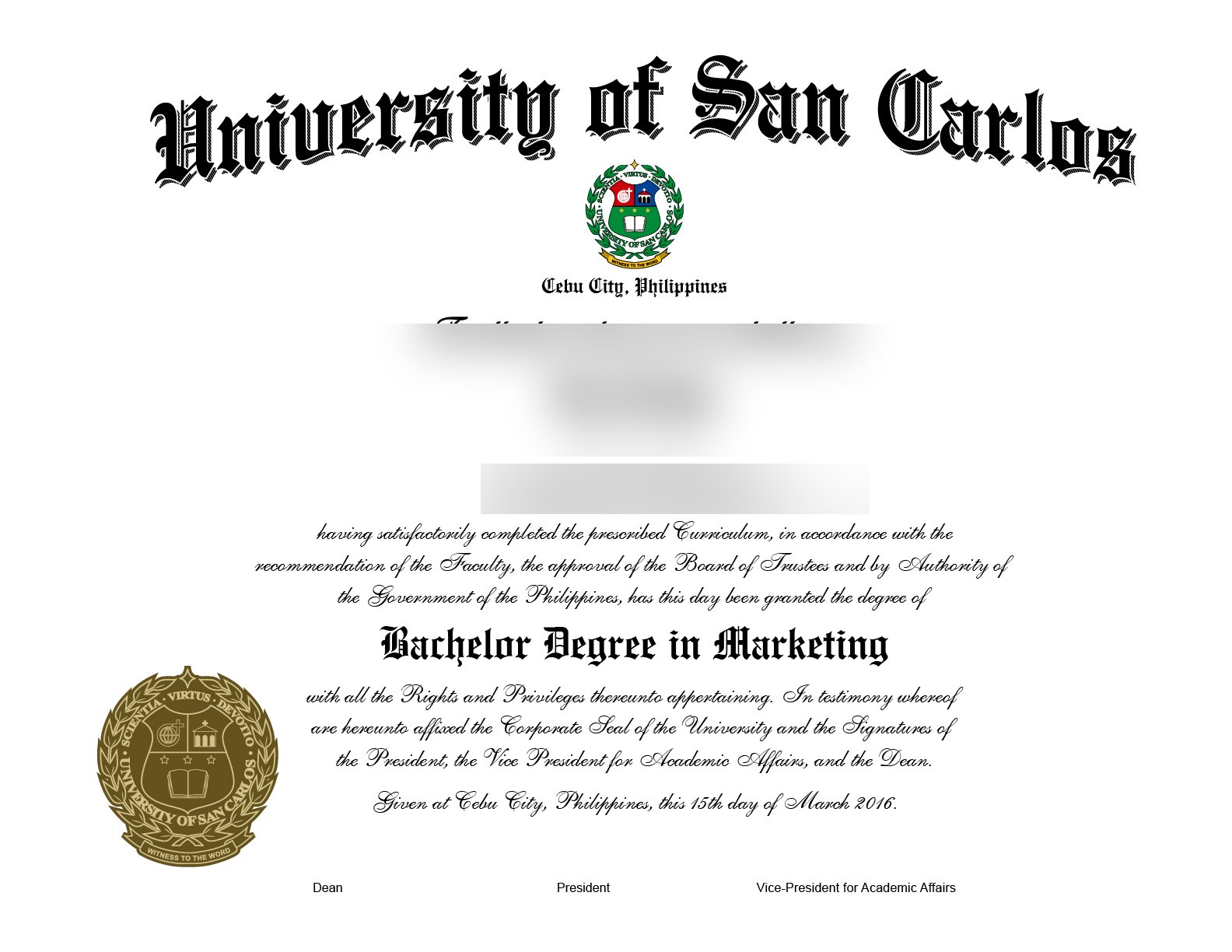 Philippines University of San Carlos Diploma · Philippines