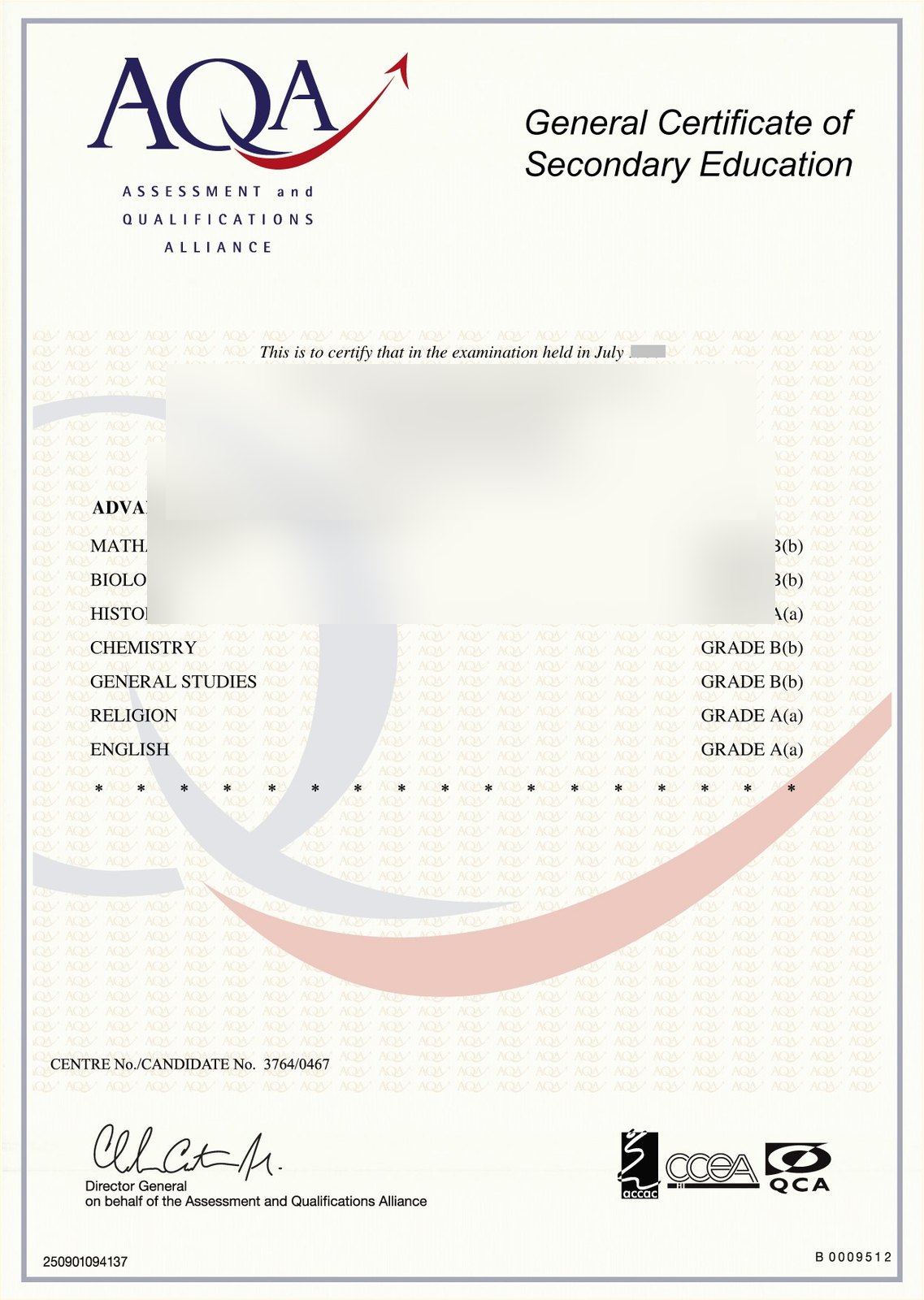 A Level AQA Certificate · United Kingdom